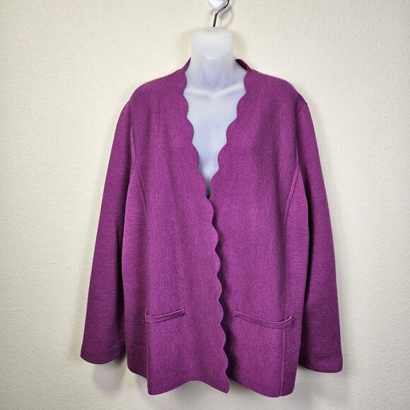 Talbots Womens 2X Merino Wool Cardigan Sweater Scallop Edge Open Front Pockets - Picture 1 of 16